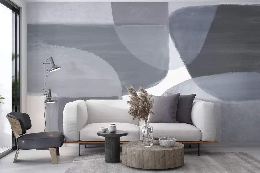 carta da parati Stampa astratta monocromatica con forme minimaliste sovrapposte nei toni del grigio e del blu nr. w08410