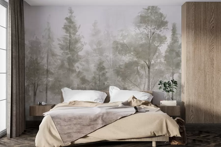 Carta da parati nature Pini alti e strutturati in una foresta nebbiosa, con un'atmosfera nebbiosa e vaporosa 