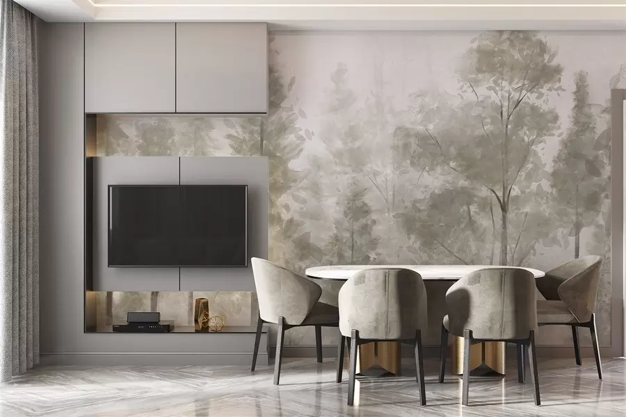 Carta da parati nature Pini alti e strutturati in una foresta nebbiosa, con un'atmosfera nebbiosa e vaporosa 