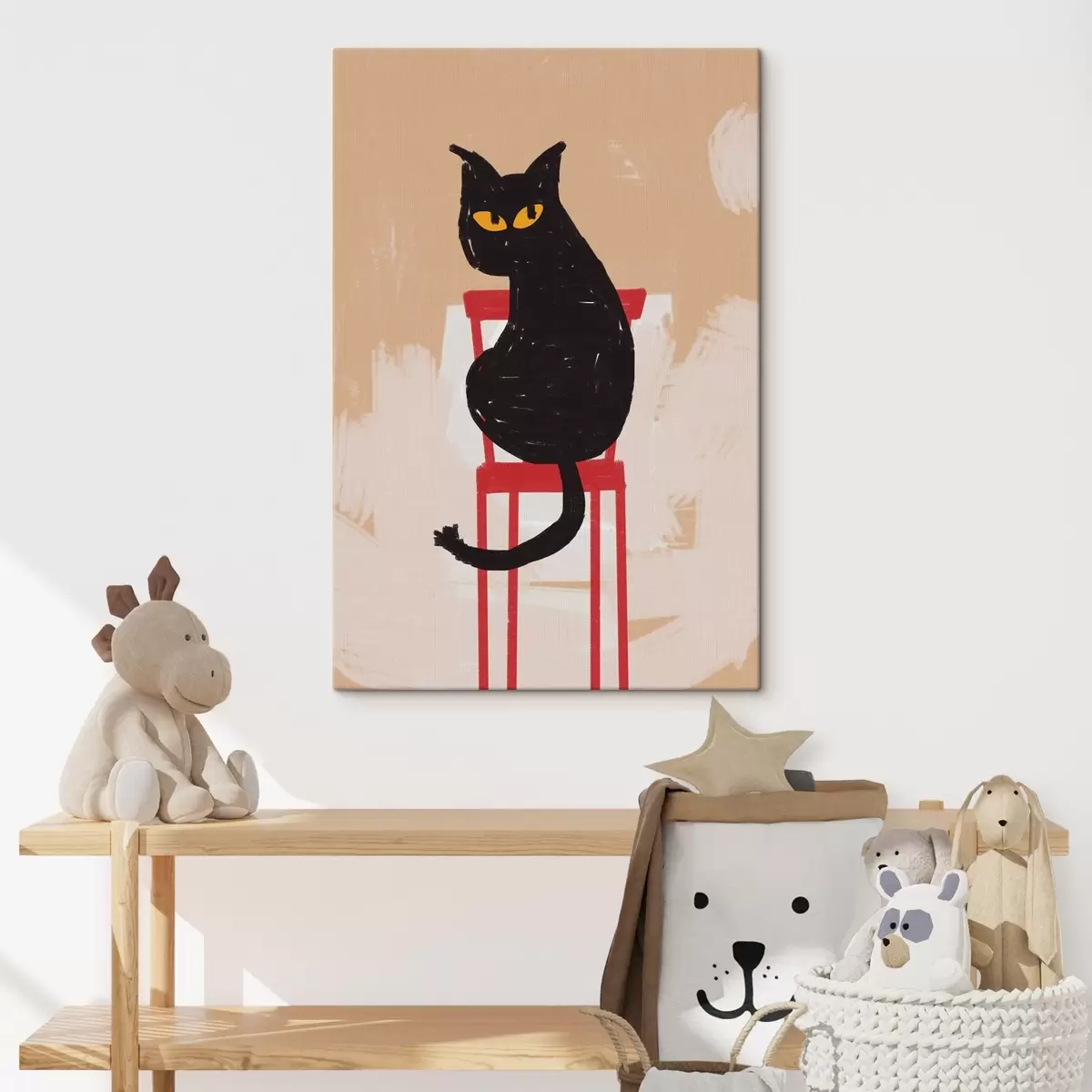 carta da parati Gatto nero seduto su sedia rossa su sfondo beige, tratti grezzi, imitazione di pittura nr. s41612