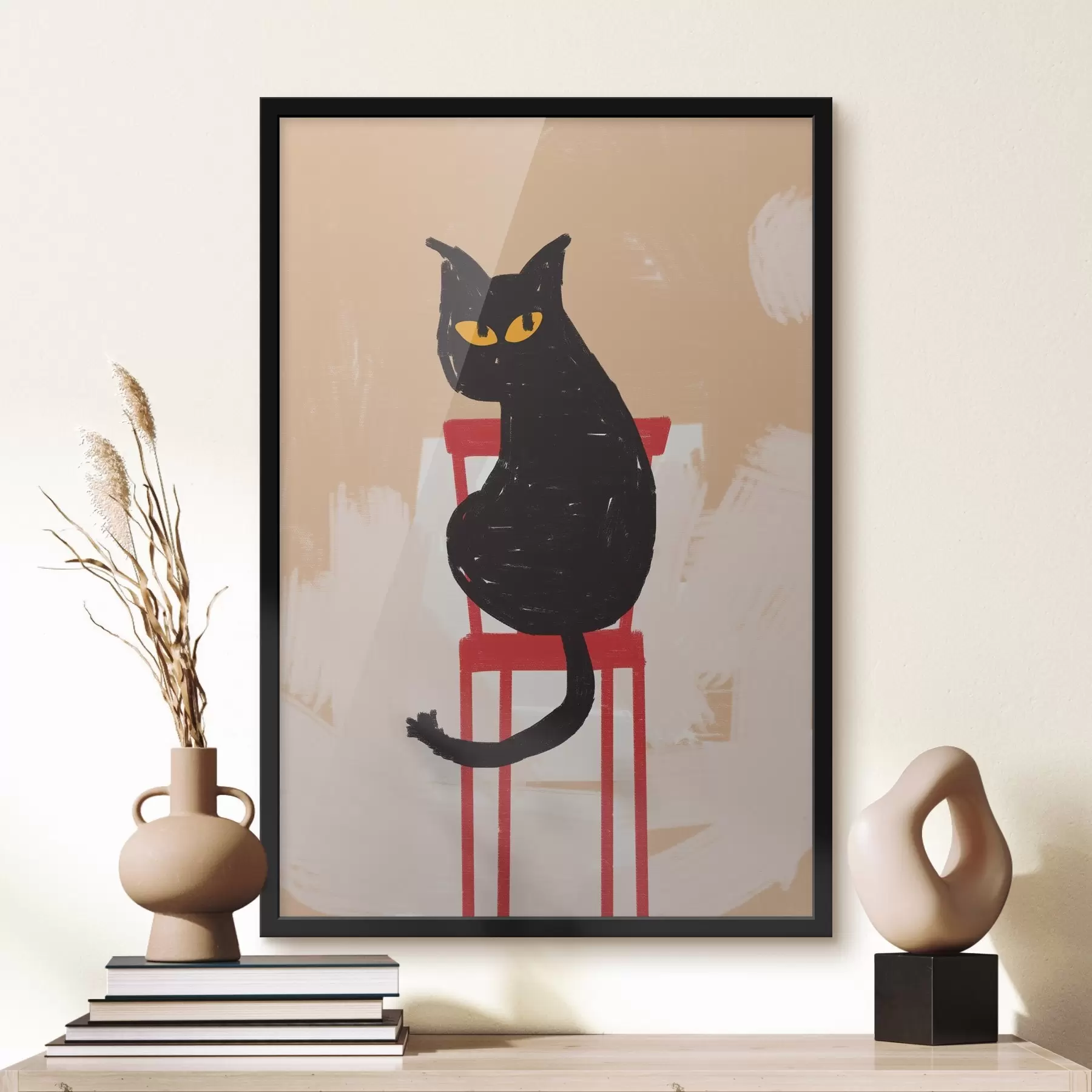 carta da parati Gatto nero seduto su sedia rossa su sfondo beige, tratti grezzi, imitazione di pittura nr. f41612