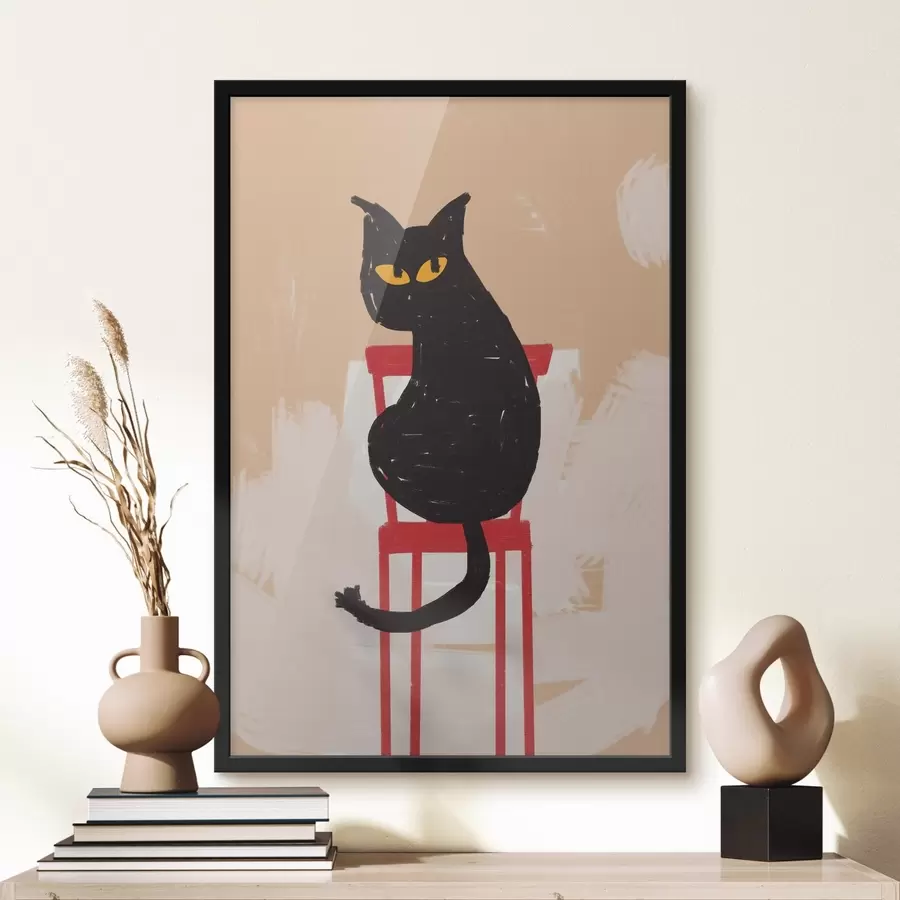 carta da parati Gatto nero seduto su sedia rossa su sfondo beige, tratti grezzi, imitazione di pittura nr. f41612