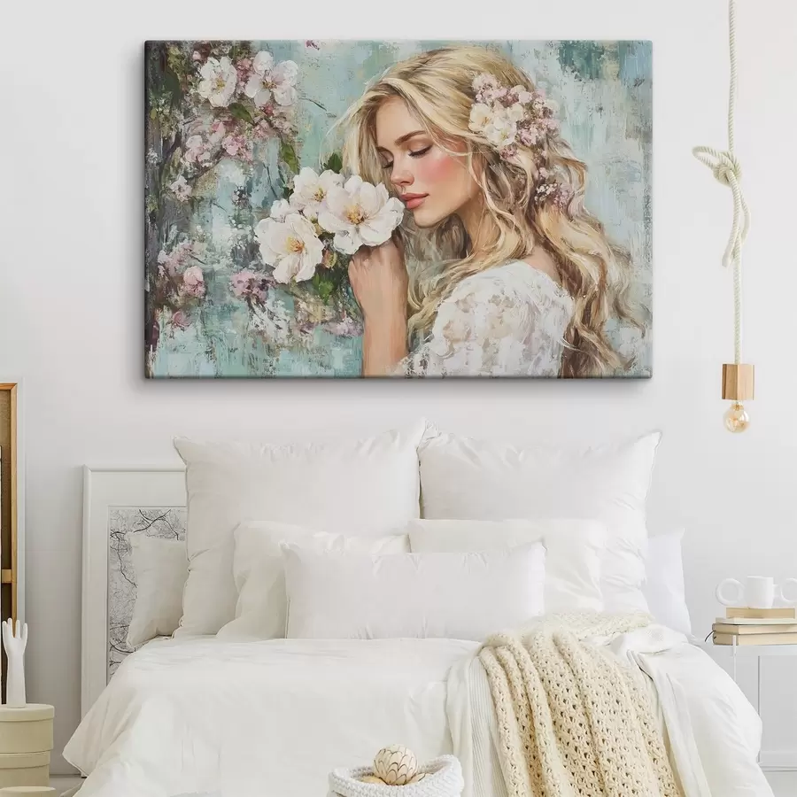 carta da parati ragazza vicino ai fiori con colori ad olio nr. s41632