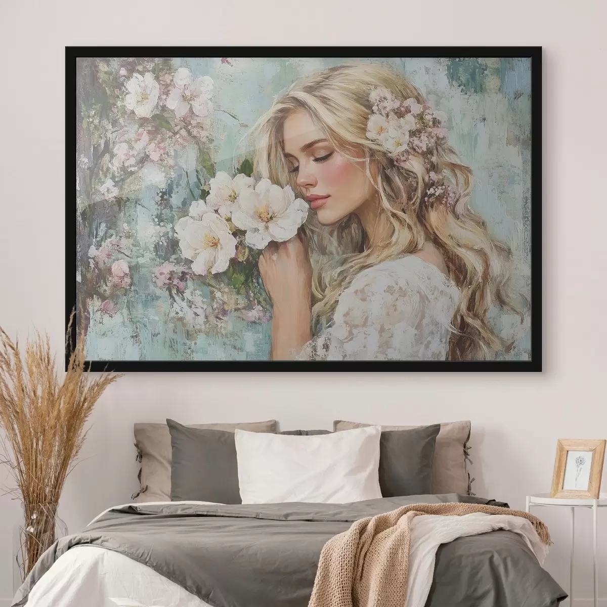 Poster ragazza vicino ai fiori con colori ad olio f41632