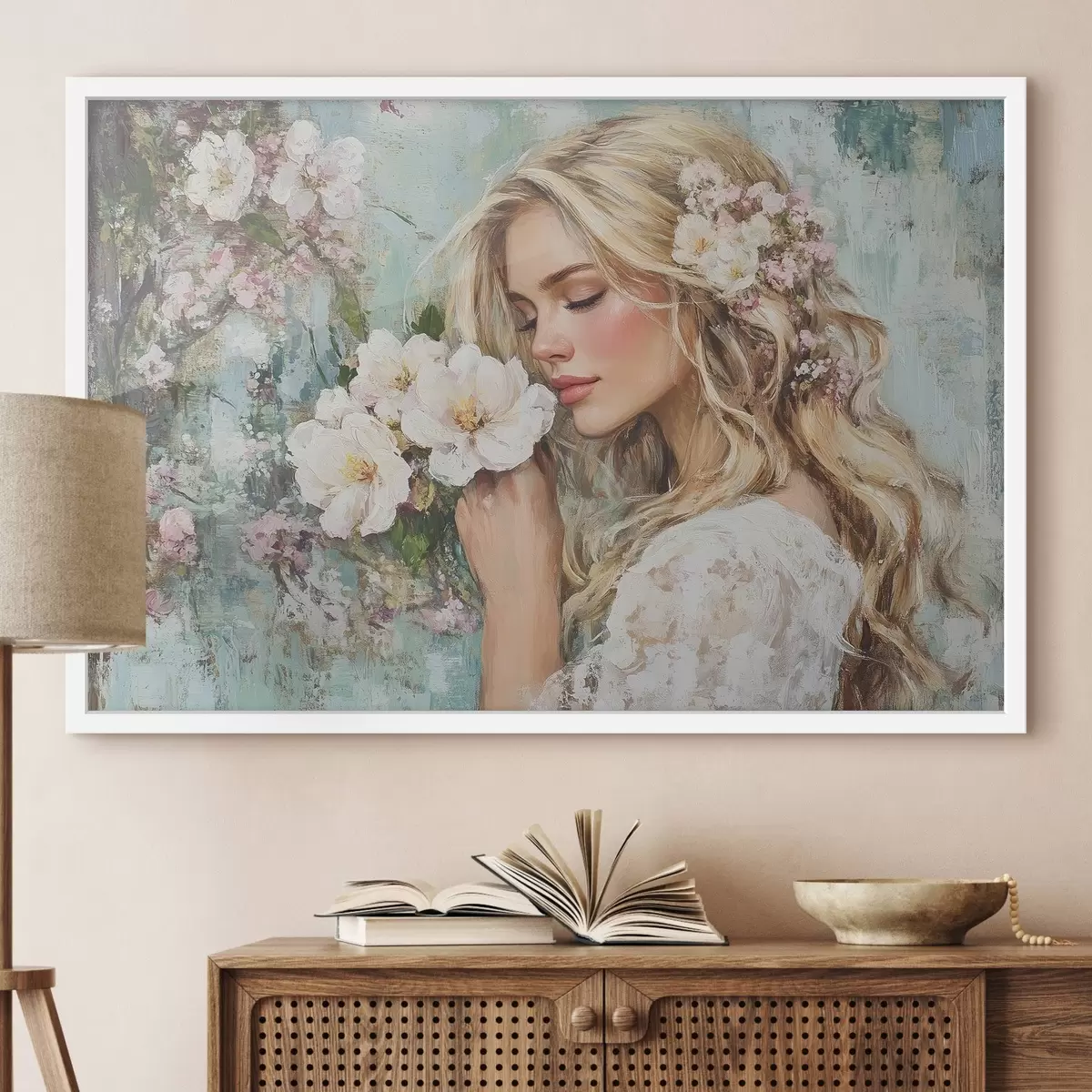 Poster ragazza vicino ai fiori con colori ad olio f41632