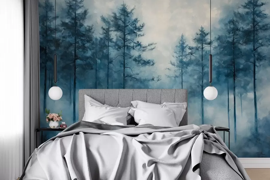 Carta da parati nature Foresta mistica, pini, nebbia, pittura acrilica, colori blu intenso 