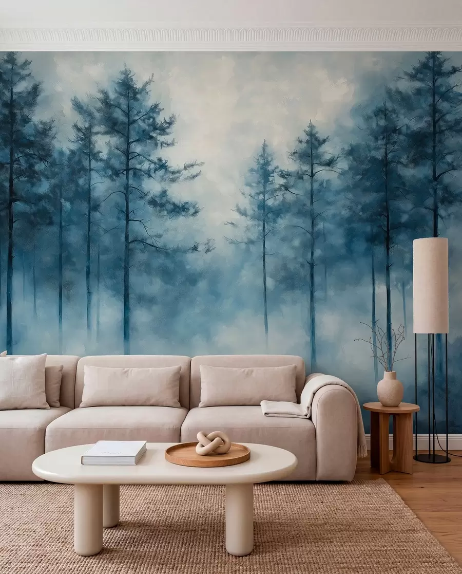 Carta da parati nature Foresta mistica, pini, nebbia, pittura acrilica, colori blu intenso 