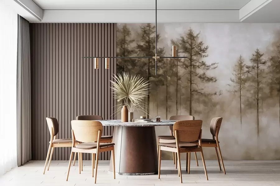 Carta da parati nature Foresta mistica, pini, nebbia, pittura acrilica, colori beige 