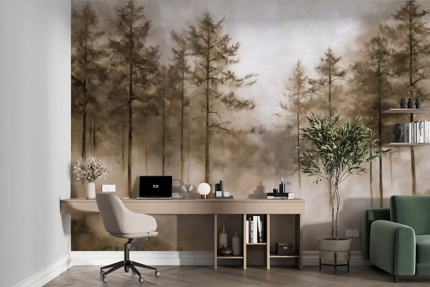 Carta da parati nature Foresta mistica, pini, nebbia, pittura acrilica, colori beige 