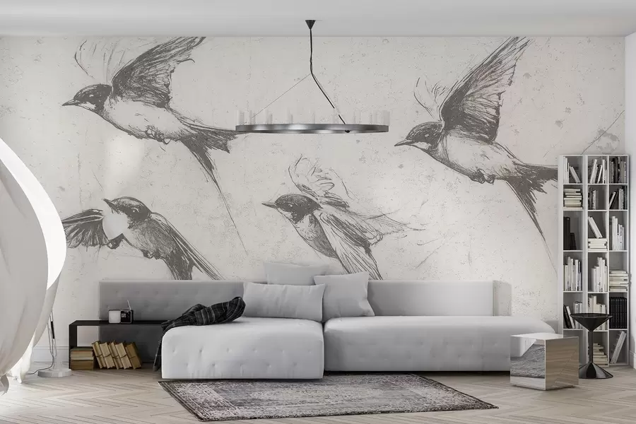 Carta da parati nature Uccelli volanti, disegno a inchiostro, minimalismo, colori grigi 
