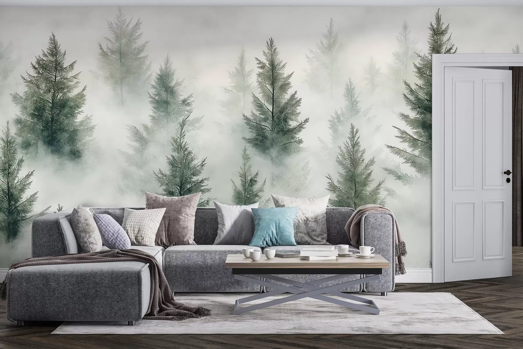 carta da parati Bella foresta con alberi di pino, nebbia, paesaggi naturali, colori verdi nr. w02222