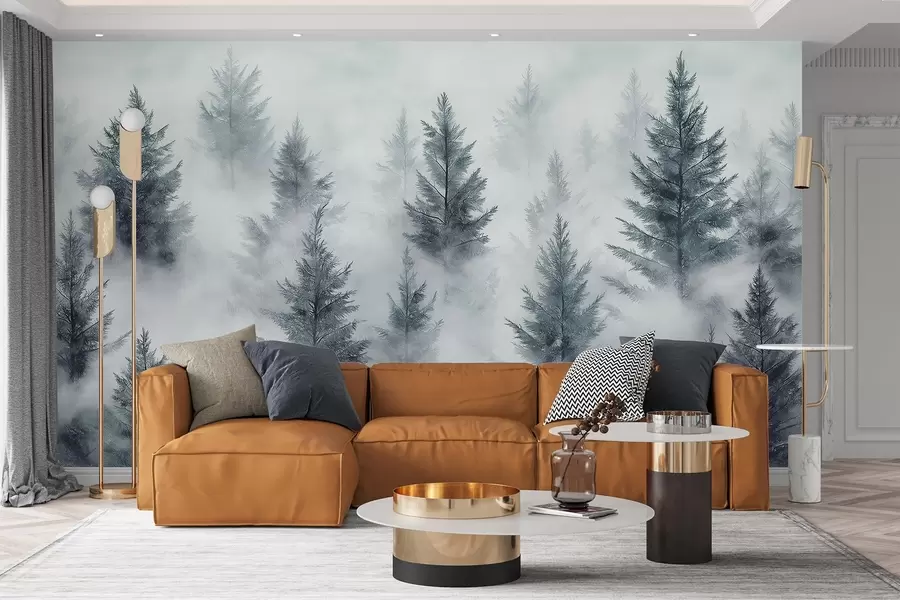 Carta da parati nature Bella foresta con pini, nebbia, paesaggi naturali, colori grigi 