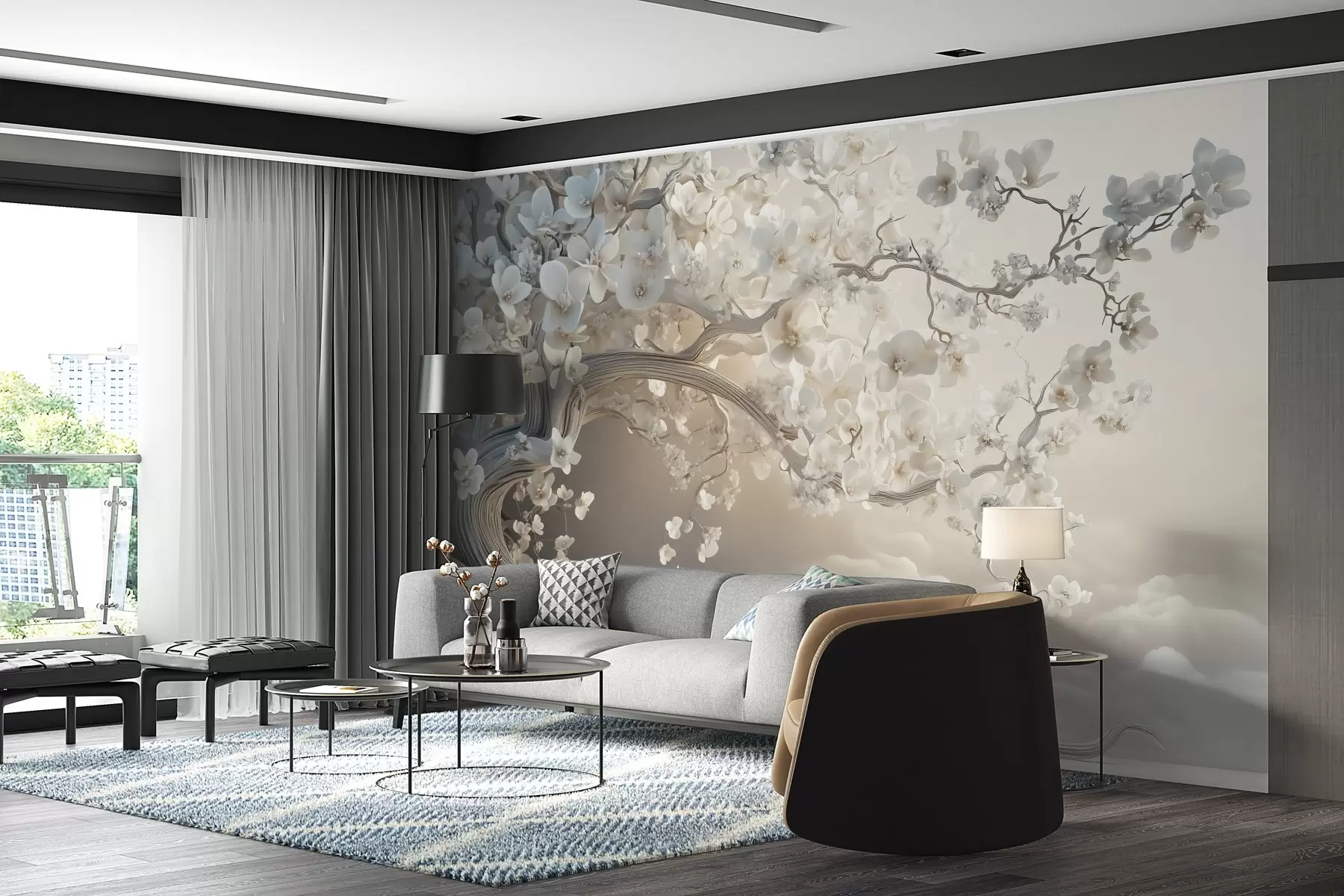 carta da parati Un affascinante albero con fiori bianchi sullo sfondo di nuvole in uno stile interessante dai colori caldi e delicati nr. w02133