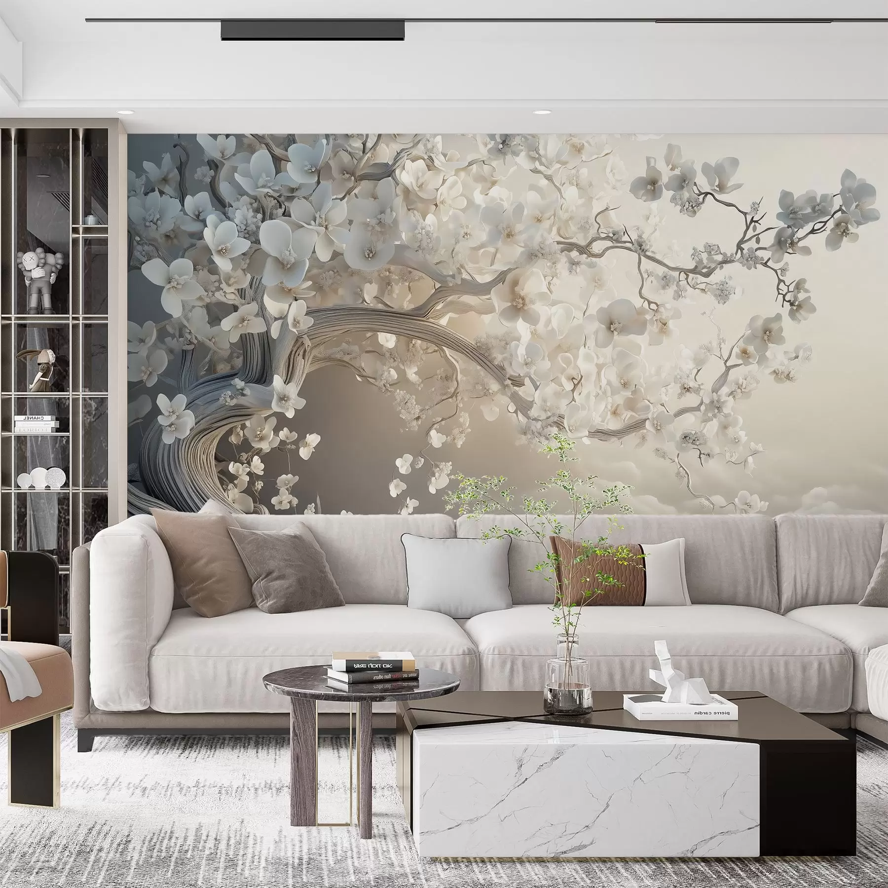 carta da parati Un affascinante albero con fiori bianchi sullo sfondo di nuvole in uno stile interessante dai colori caldi e delicati nr. w02133