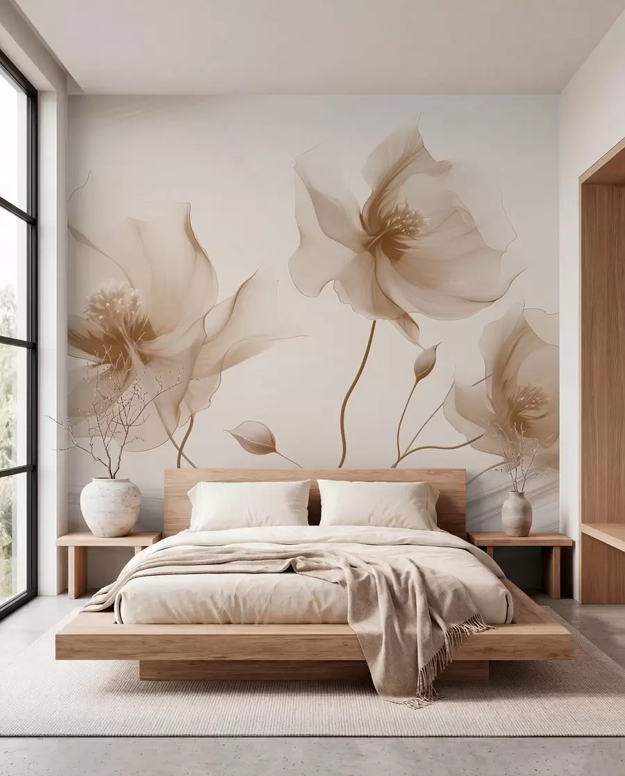 carta da parati Tre graziosi fiori dai petali traslucidi, intrecciati con nastri di luce e vento nei toni del beige nr. w01932