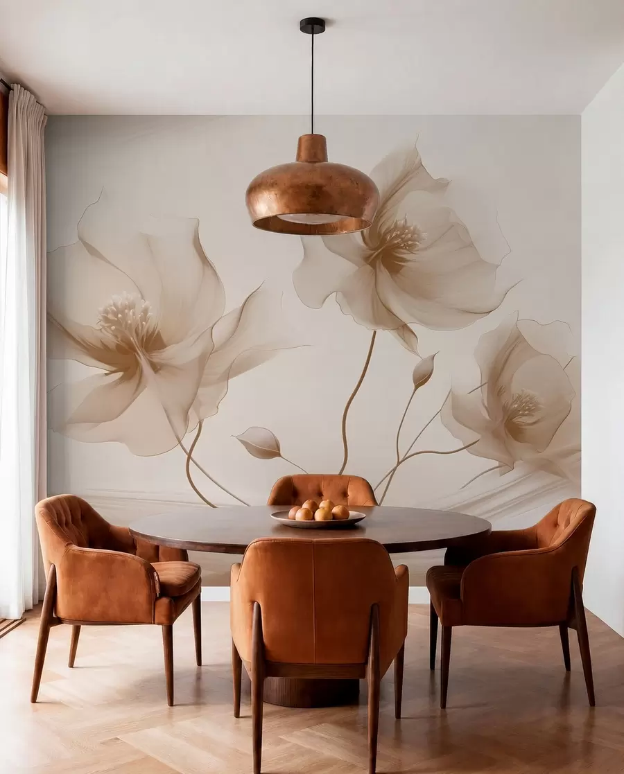 carta da parati Tre graziosi fiori dai petali traslucidi, intrecciati con nastri di luce e vento nei toni del beige nr. w01932