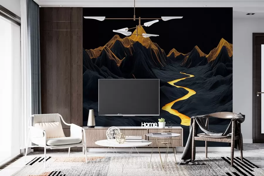 Carta da parati nature Paesaggio poligonale nero e un fiume tra le montagne 