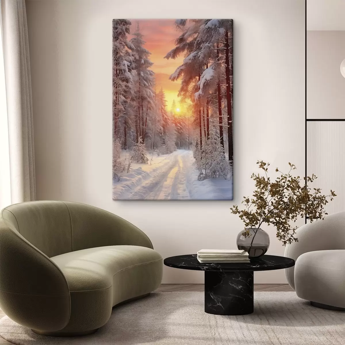 carta da parati Un sentiero nella foresta invernale, neve, pini, colori del tramonto nr. s41639