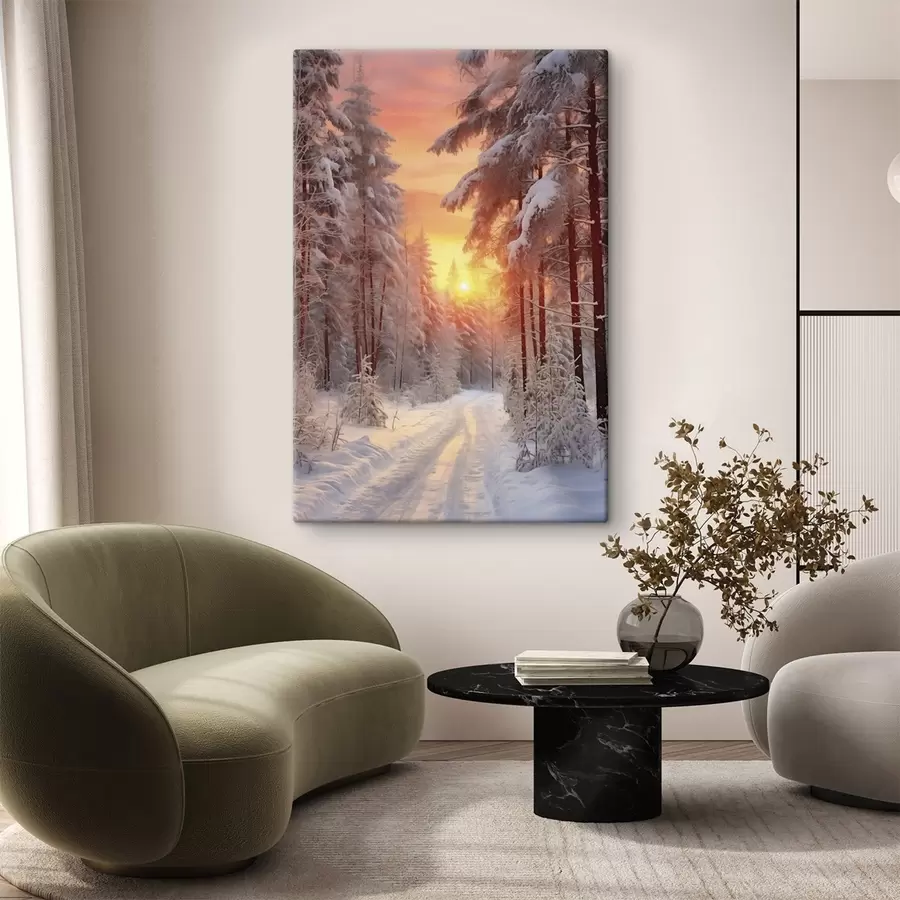 carta da parati Un sentiero nella foresta invernale, neve, pini, colori del tramonto nr. s41639