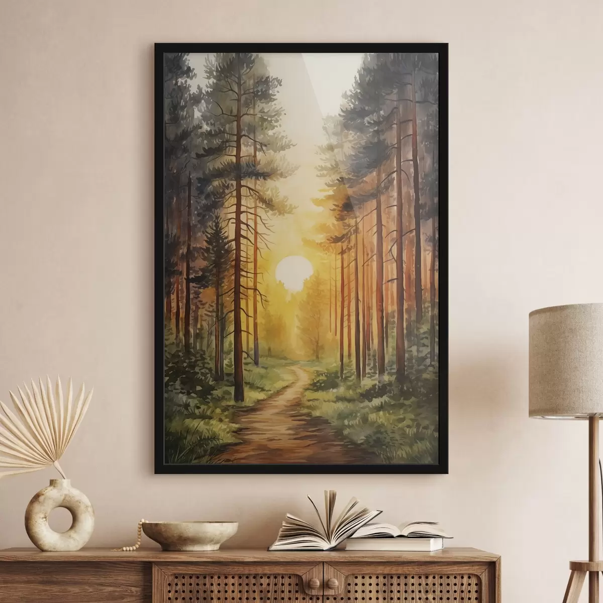 Poster Tramonto in pineta, acquerello, bellezza della natura f41638