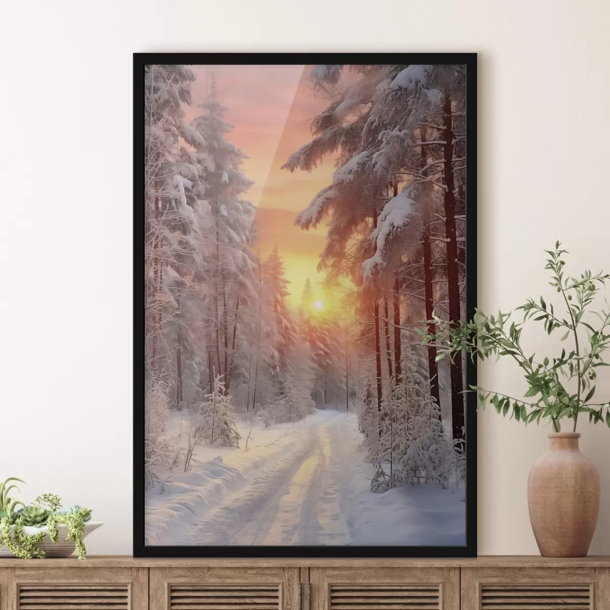 Poster Un sentiero nella foresta invernale, neve, pini, colori del tramonto f41639