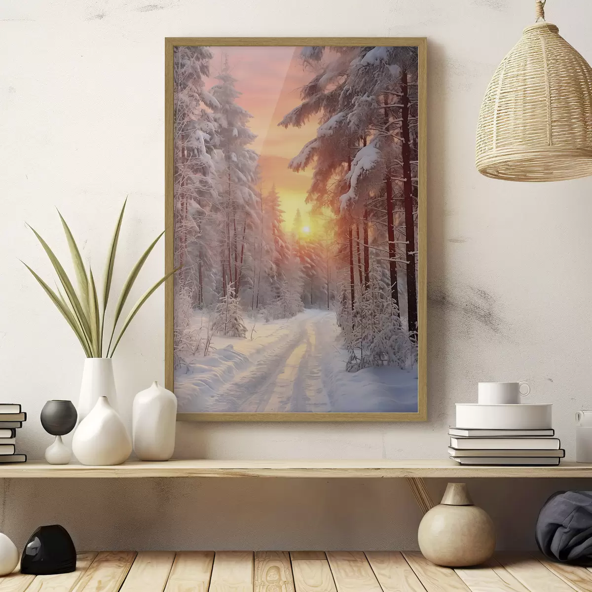 Poster Un sentiero nella foresta invernale, neve, pini, colori del tramonto f41639