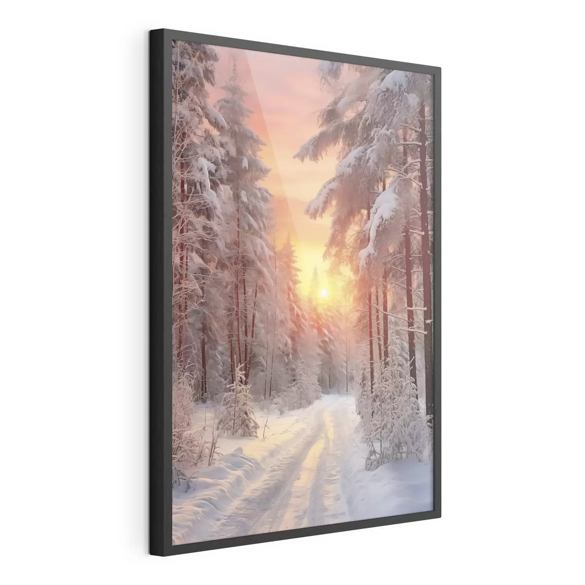 Poster Un sentiero nella foresta invernale, neve, pini, colori del tramonto f41639