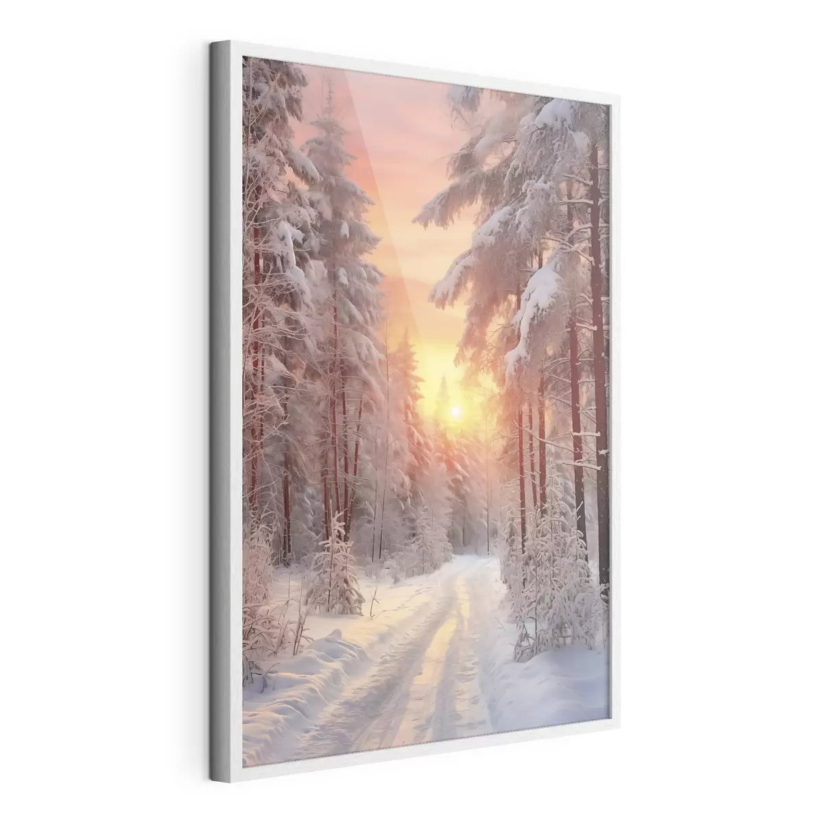 Poster Un sentiero nella foresta invernale, neve, pini, colori del tramonto f41639