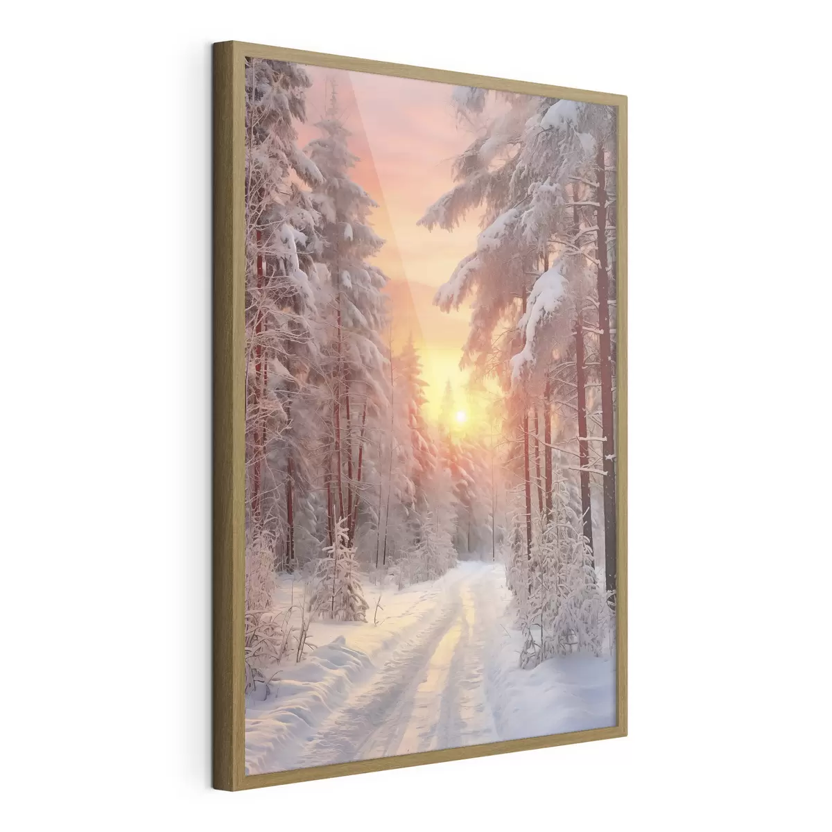 Poster Un sentiero nella foresta invernale, neve, pini, colori del tramonto f41639