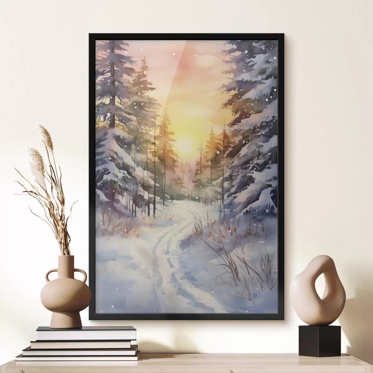 Poster Acquerello foresta invernale, fiocchi di neve, bel cielo, tramonto f41640