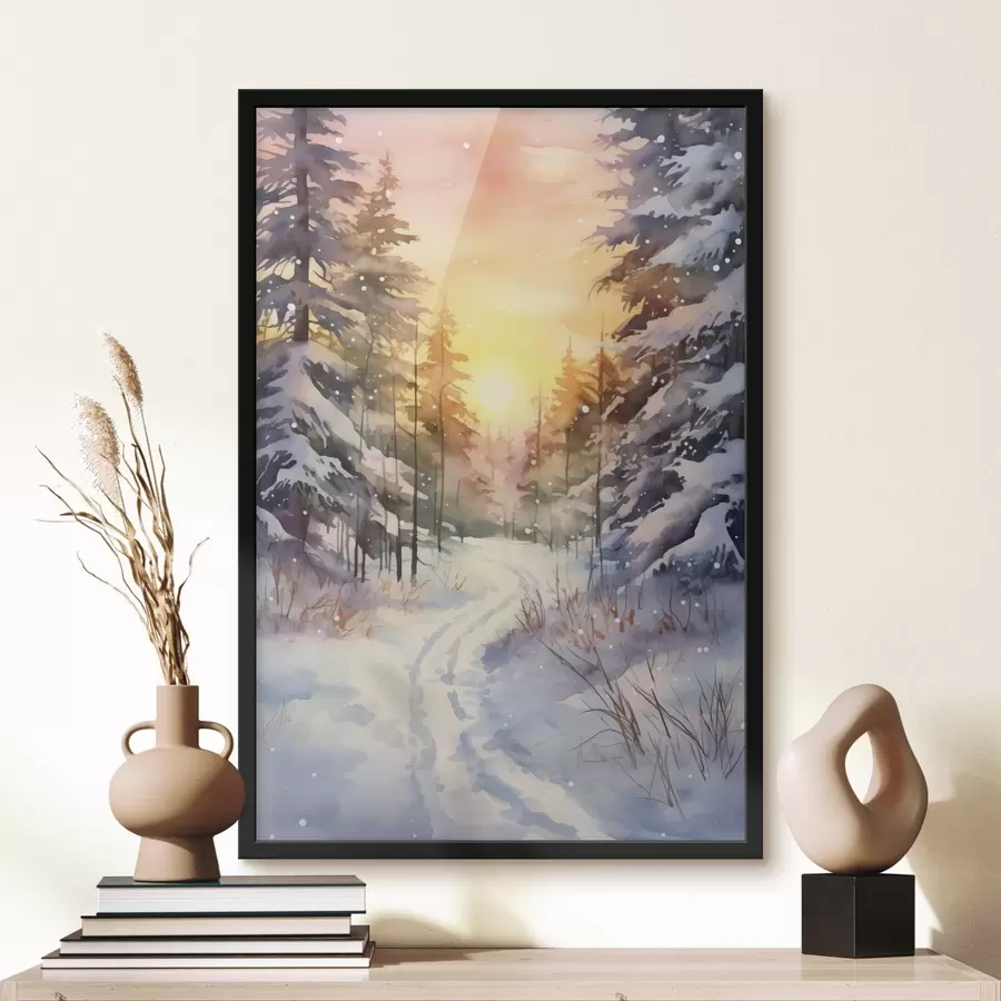 carta da parati Acquerello foresta invernale, fiocchi di neve, bel cielo, tramonto nr. f41640