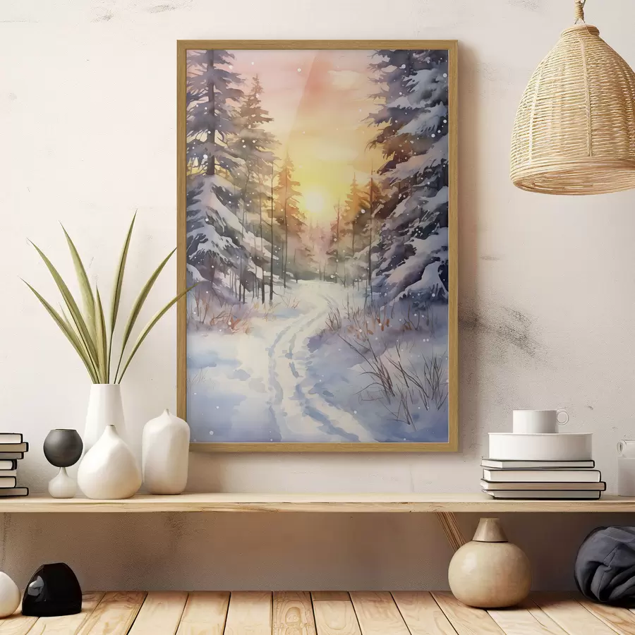 carta da parati Acquerello foresta invernale, fiocchi di neve, bel cielo, tramonto nr. f41640