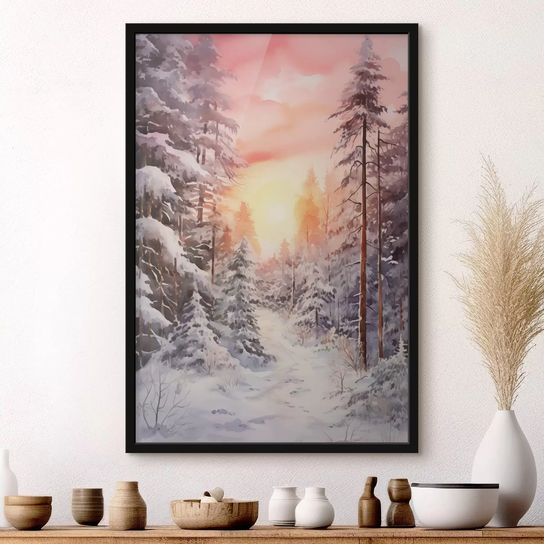 carta da parati Bellissimo inverno, acquerello foresta, innevato, alberi, cielo rosa, tramonto nr. f41641