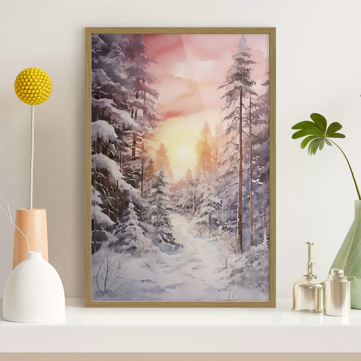 Poster Bellissimo inverno, acquerello foresta, innevato, alberi, cielo rosa, tramonto f41641