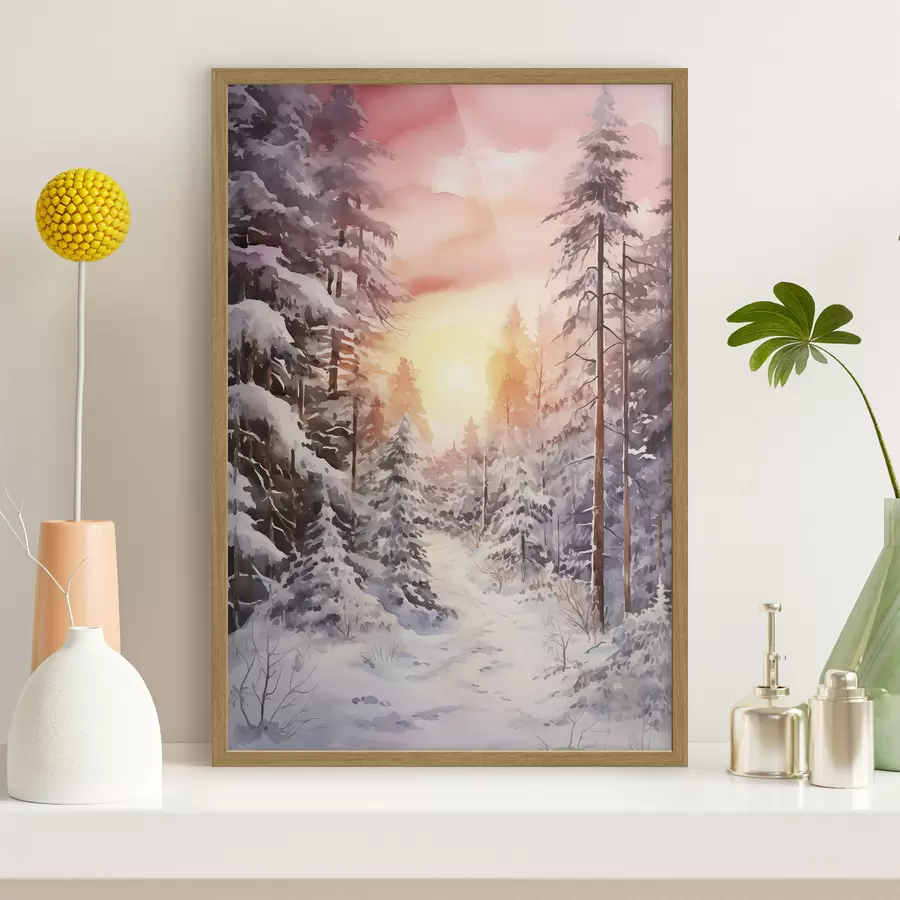 carta da parati Bellissimo inverno, acquerello foresta, innevato, alberi, cielo rosa, tramonto nr. f41641