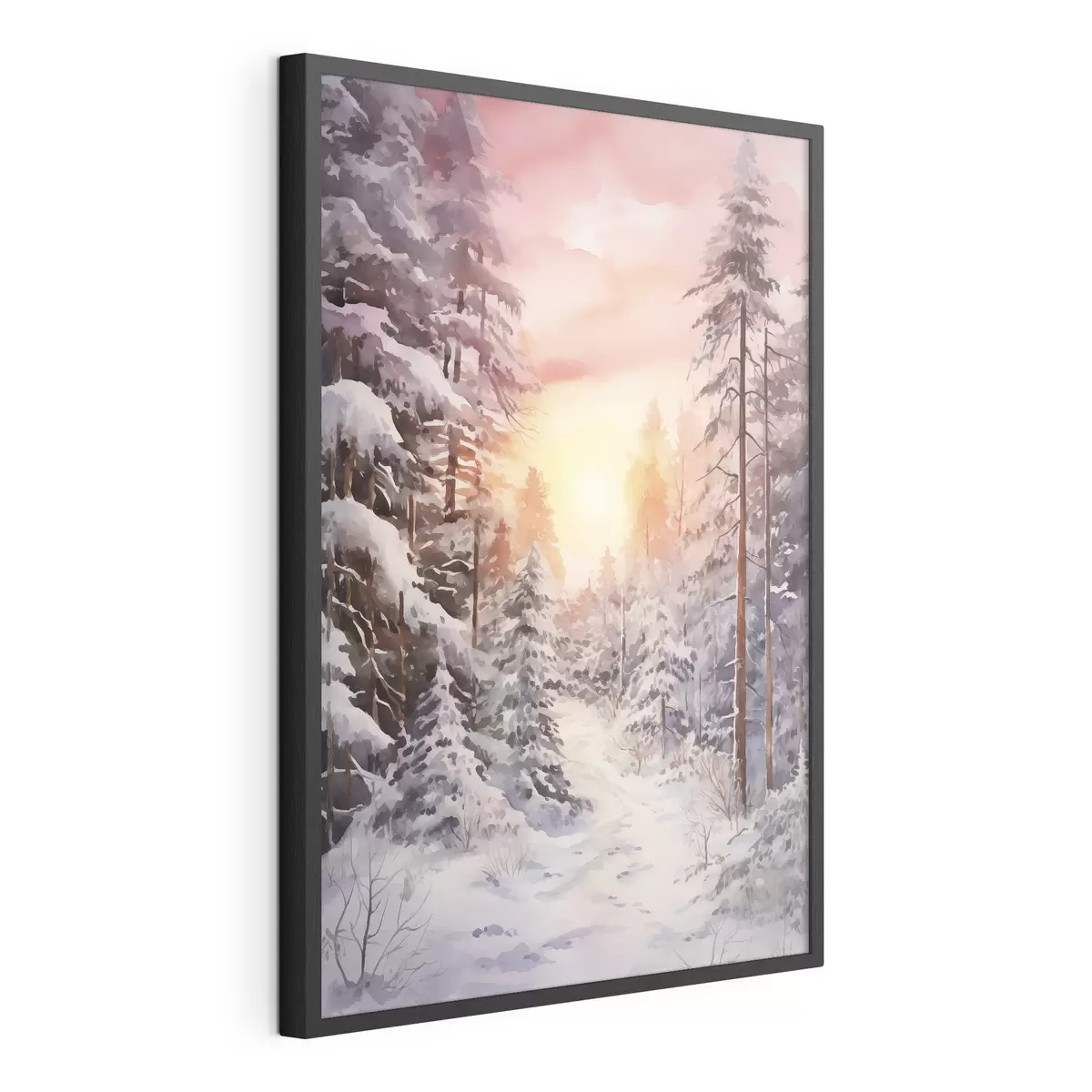 Poster Bellissimo inverno, acquerello foresta, innevato, alberi, cielo rosa, tramonto f41641