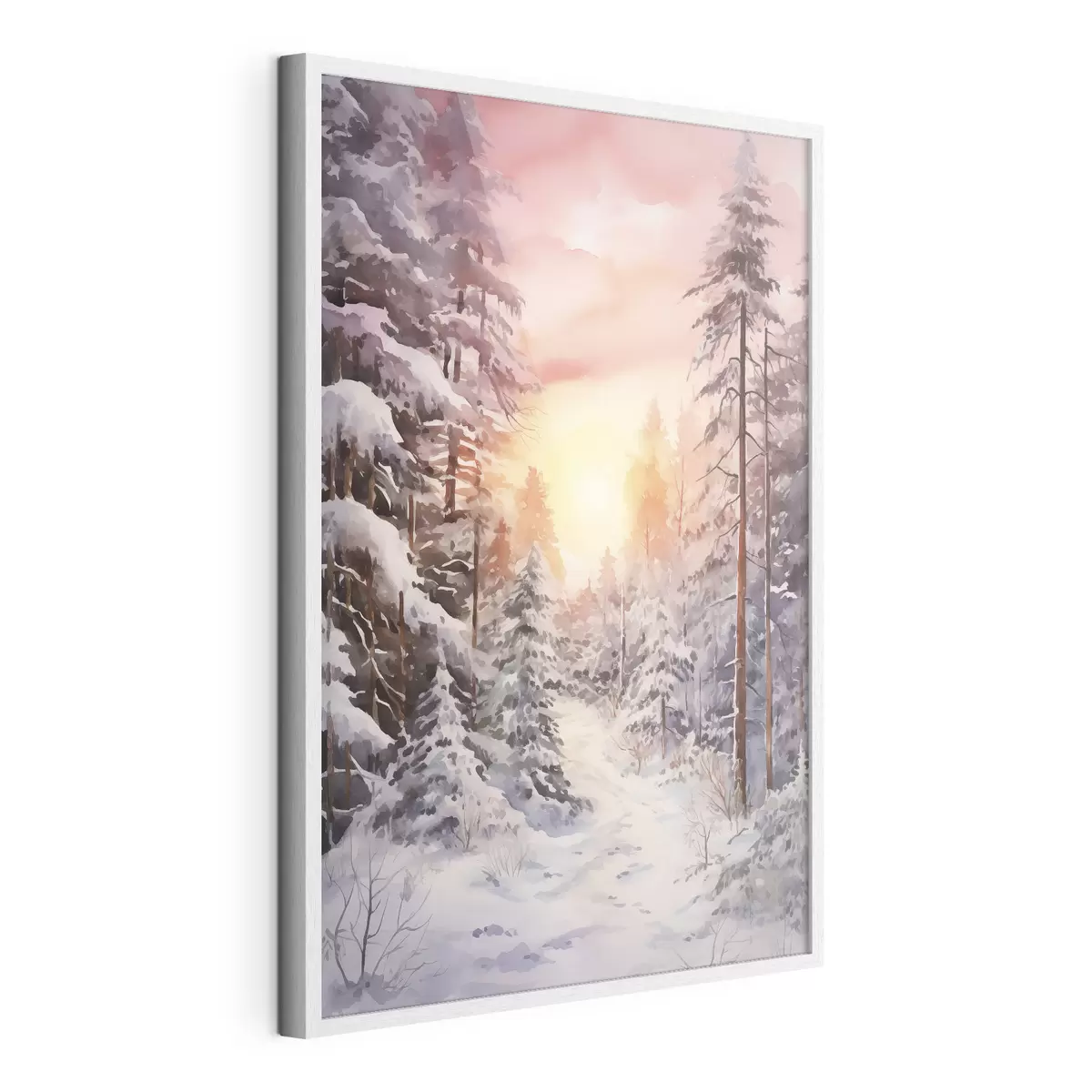 Poster Bellissimo inverno, acquerello foresta, innevato, alberi, cielo rosa, tramonto f41641