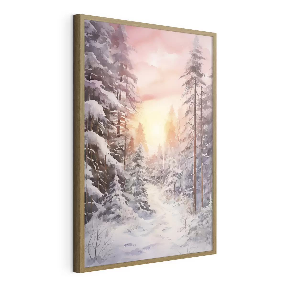 Poster Bellissimo inverno, acquerello foresta, innevato, alberi, cielo rosa, tramonto f41641