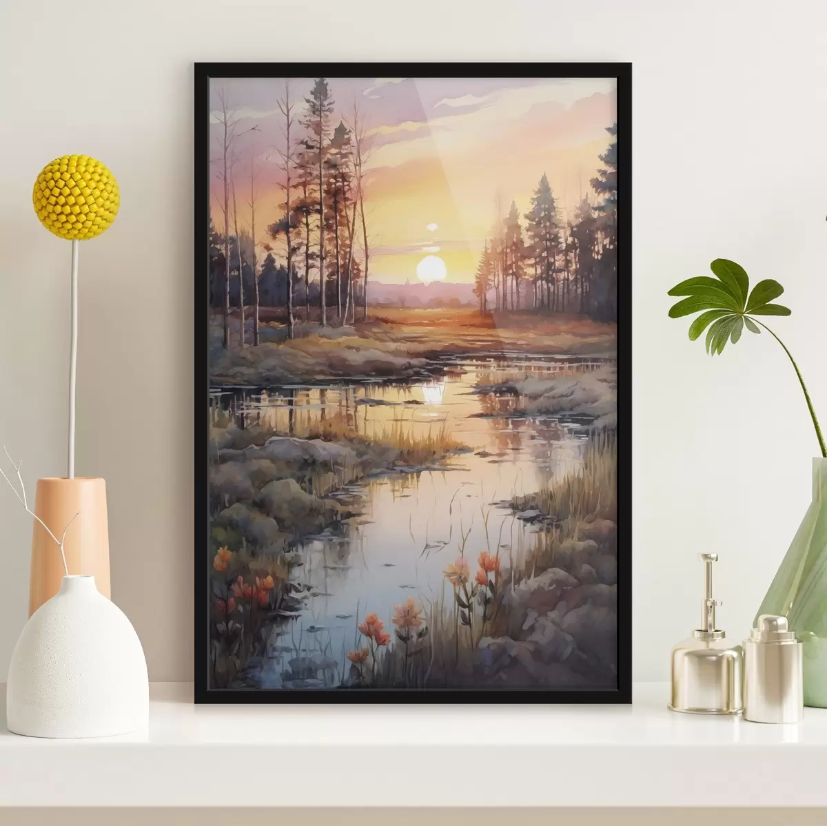 Poster Bellissimo fiume nella foresta autunnale, acquerello, prato, cielo al tramonto f41643
