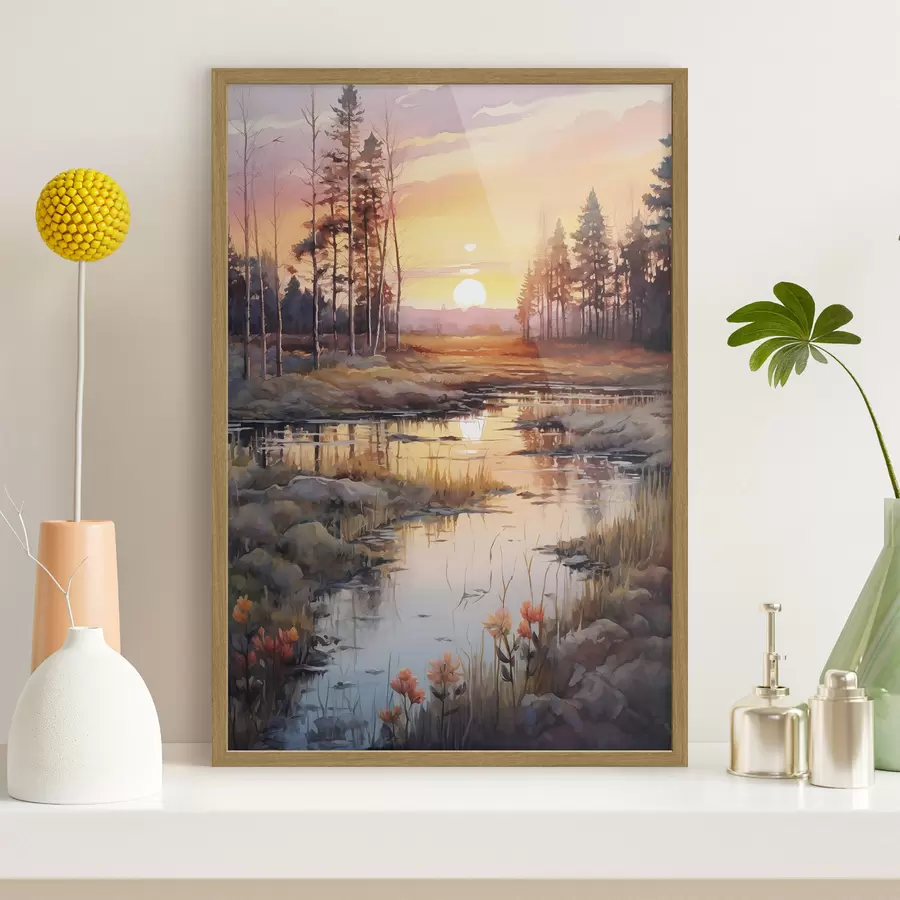 carta da parati Bellissimo fiume nella foresta autunnale, acquerello, prato, cielo al tramonto nr. f41643