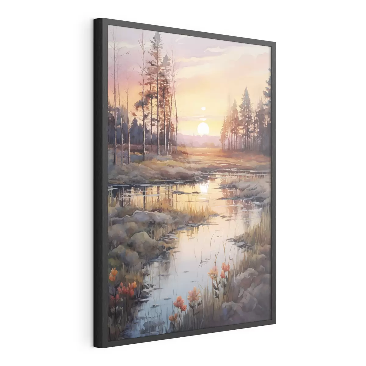Poster Bellissimo fiume nella foresta autunnale, acquerello, prato, cielo al tramonto f41643