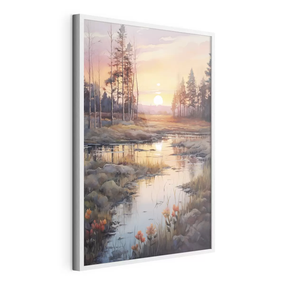 Poster Bellissimo fiume nella foresta autunnale, acquerello, prato, cielo al tramonto f41643