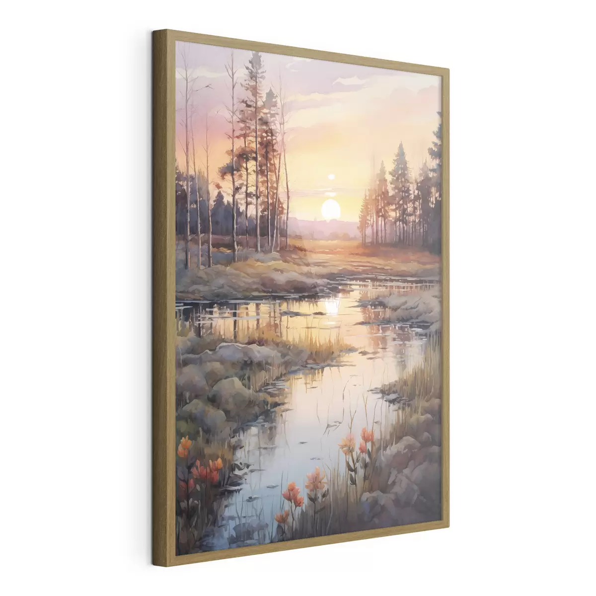Poster Bellissimo fiume nella foresta autunnale, acquerello, prato, cielo al tramonto f41643