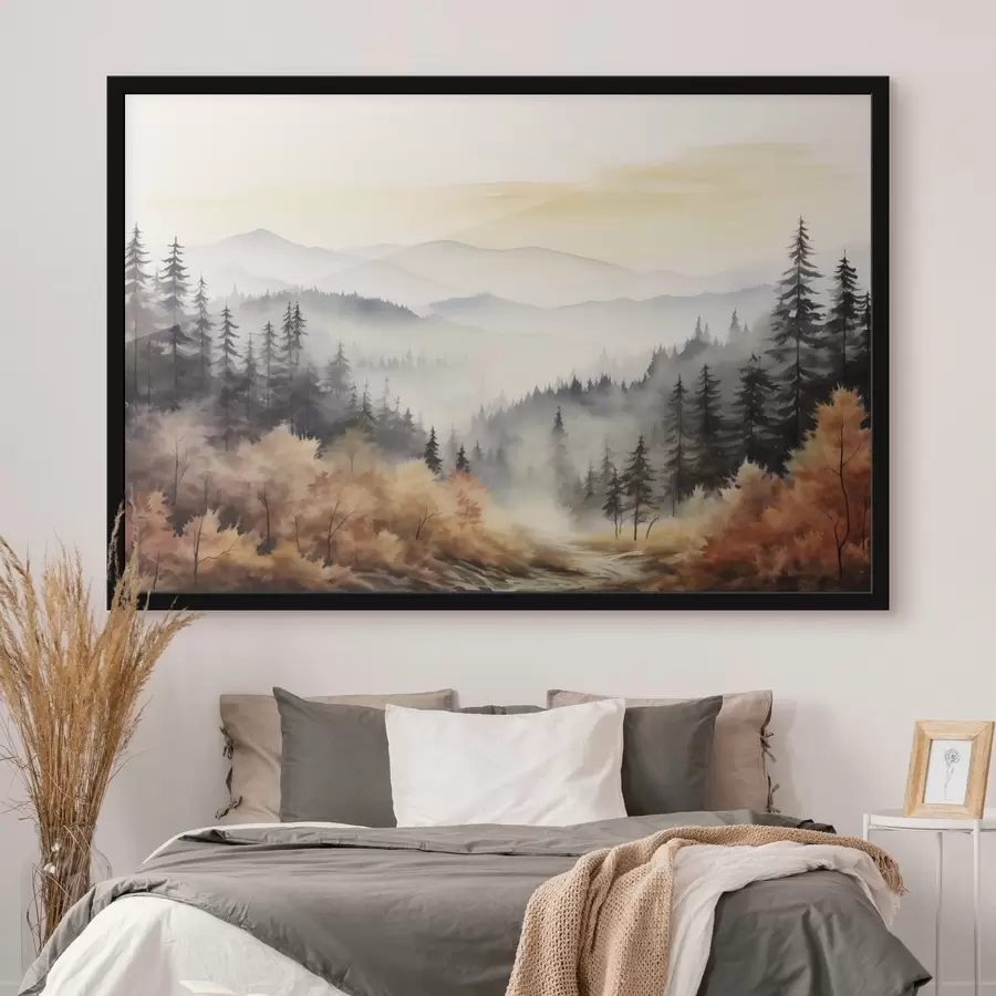 carta da parati Bella nebbia di montagna, foresta autunnale, acquerello nr. f41646