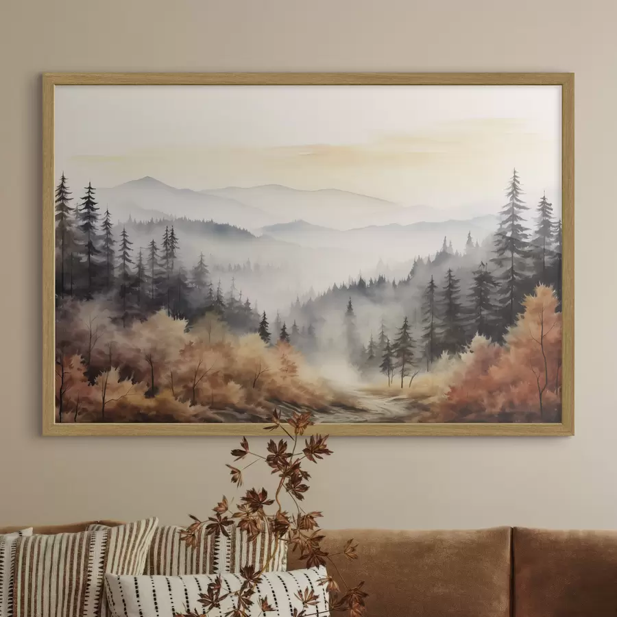 carta da parati Bella nebbia di montagna, foresta autunnale, acquerello nr. f41646