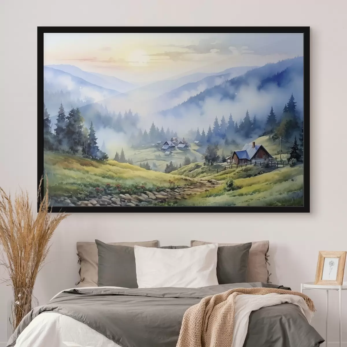 Poster Villaggio dei Carpazi tra le montagne nebbiose, foresta, acquerello f41648