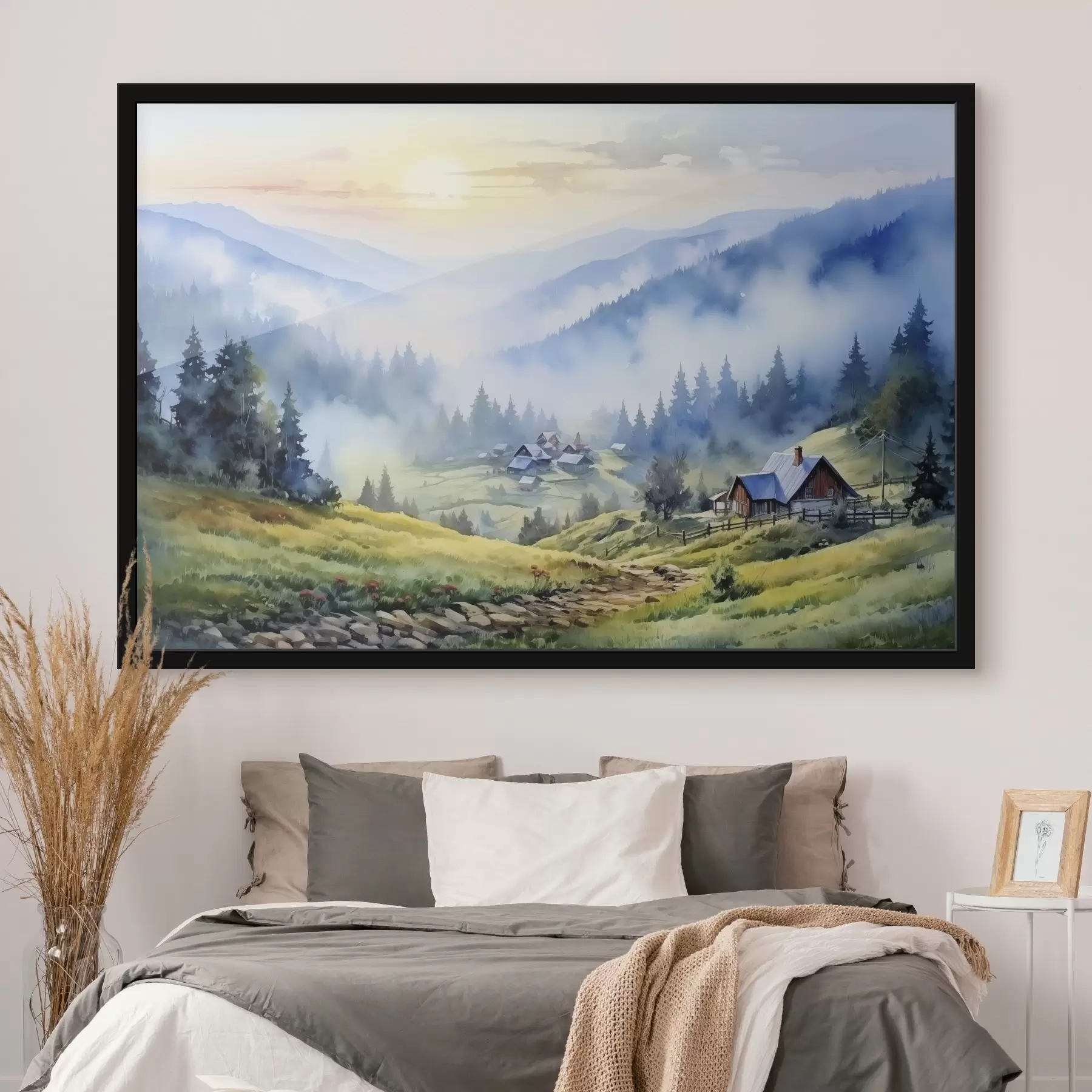 carta da parati Villaggio dei Carpazi tra le montagne nebbiose, foresta, acquerello nr. f41648