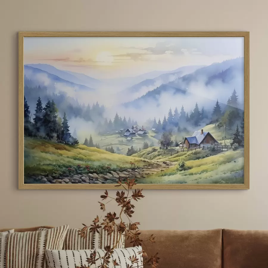 carta da parati Villaggio dei Carpazi tra le montagne nebbiose, foresta, acquerello nr. f41648