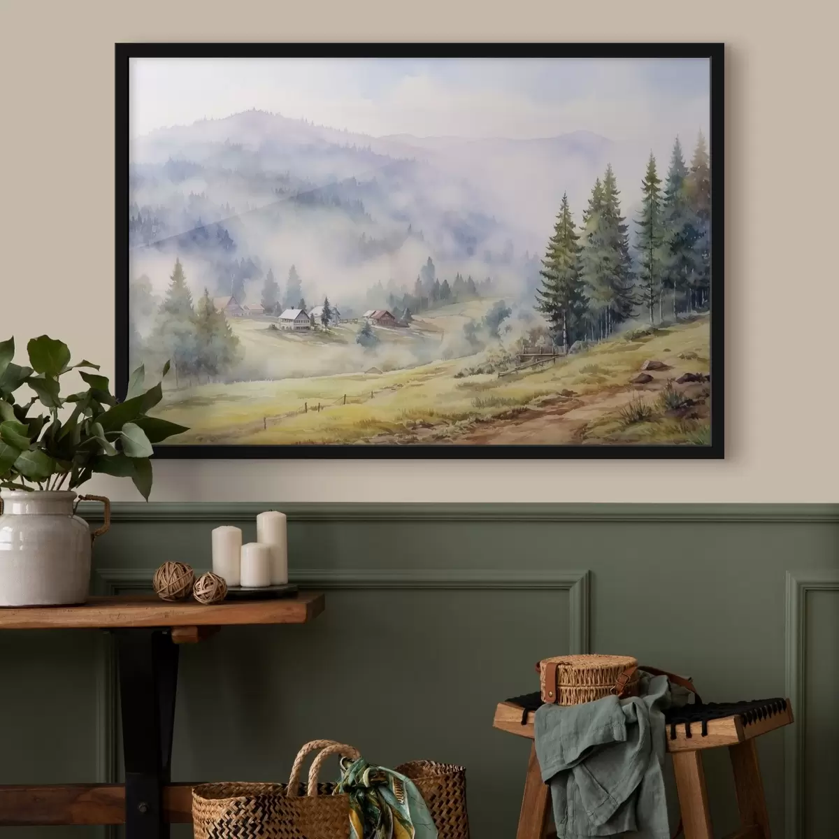 Poster Belle montagne, paesaggi boschivi nebbiosi, acquerello, villaggio f41649