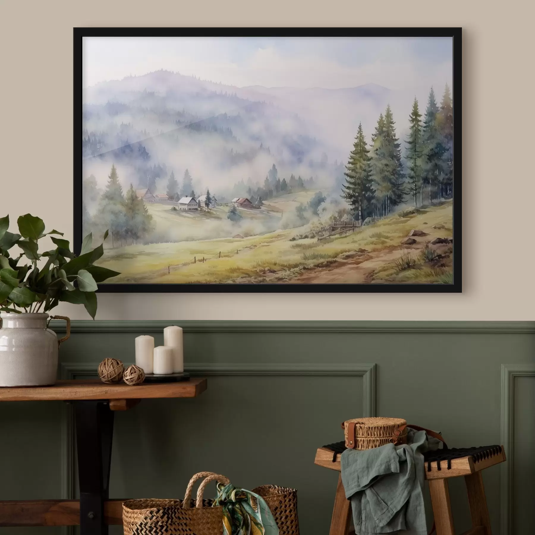 carta da parati Belle montagne, paesaggi boschivi nebbiosi, acquerello, villaggio nr. f41649